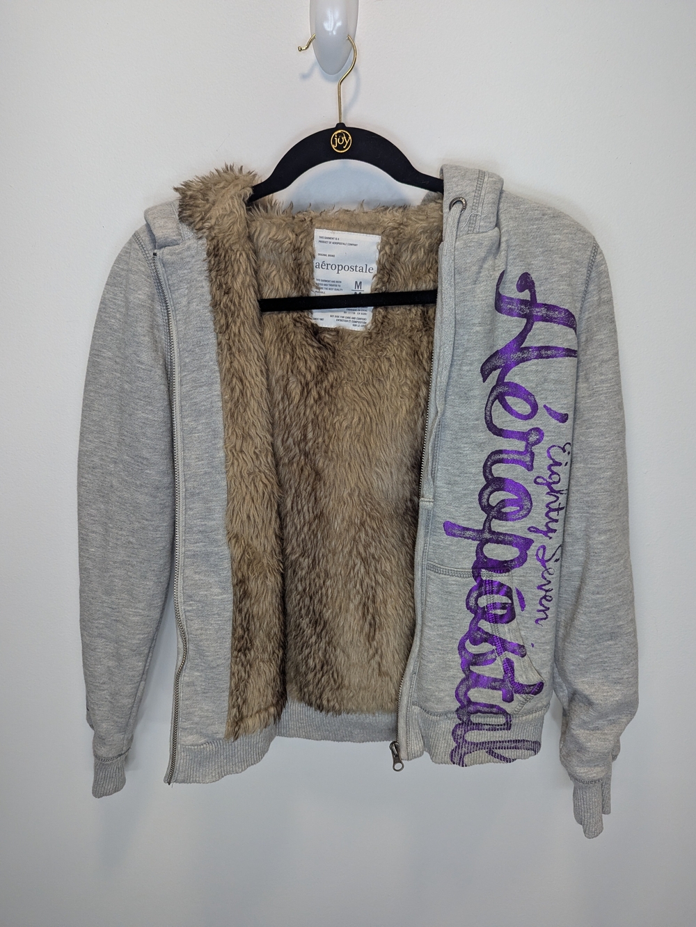 Aeropostale 87 Junior's Faux Fur Lined Hoodie Purple Gray Medium Y2K Vintage